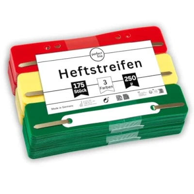 Abbildung von perfect line 7 x 25 Stück (175 Stück) Heftstreifen 3 Farben 4 Fach Lochung, aus recycelbarem PP Kunststoff Made in Germany