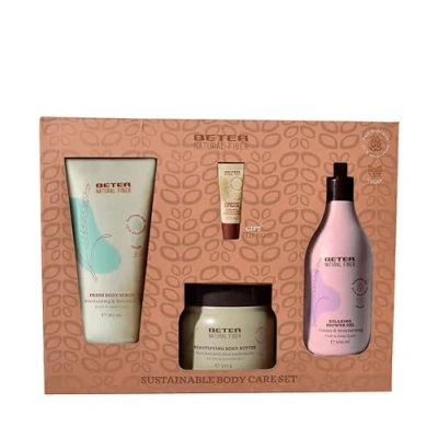 Abbildung von Beter Natural Fiber Körperpflegeset, 3 teiliges Duschset mit Duschgel, Peelinggel, Körperbutter und Lippenbalsam, vegane Formeln, für Frauen, Hautpflege, Geschenkset
