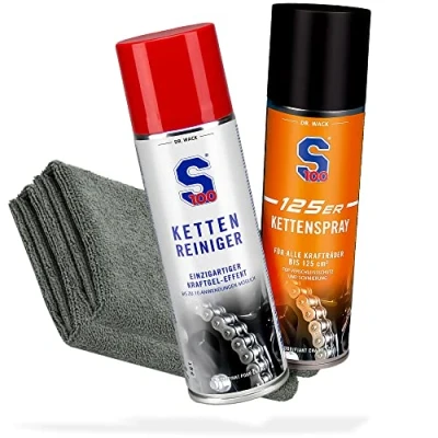Abbildung von Motorrad Kette Reinigung &amp; Pflege Bundle Dr. Wack S100 Kettenreiniger 300 ml I für O/X/Z Ring + 125er Kettenspray 2x detailmate Mikrofasertuch