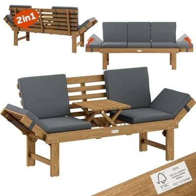 Abbildung von Casaria Gartenbank, Wetterfest Holz mit Tisch 200x50cm Klappbar 320kg Belastbar FSC®
