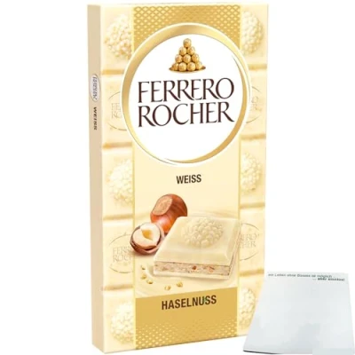 Abbildung von Ferrero Schokolade Rocher Haselnuss Weiss (90g Tafel) + usy Block