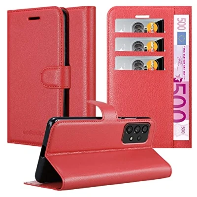 Abbildung von Cadorabo Hülle kompatibel mit Samsung Galaxy A53 5G Handyhülle aus Premium Kunst Leder Flip Klappbare Stoßfeste Magnetische [Standfunktion] [Kartenfächern] Cover für Tasche in Rot