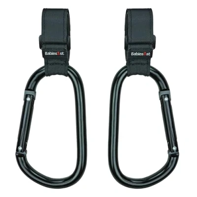 Abbildung von Babies1st Oversize Kinderwagen Haken mit Anti Rutsch klettverschluss, 14 cm, Kinderwagenhaken für Wickeltasche, Wickelrucksack, Laufrad, Rollstuhl, Kinderwagenkarabiner Premium Black Edition 2er Set