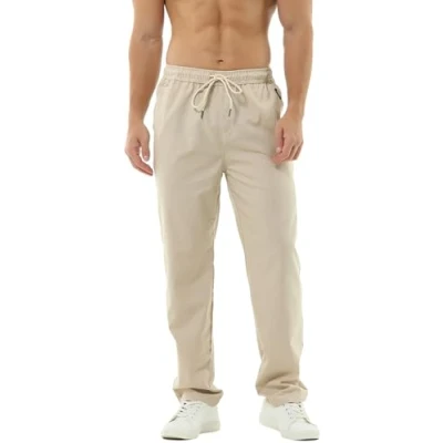 Abbildung von HOEREV Men Casual Strandhosen Leinen Hose Gr. L (Taille 36 38 zoll), Beige