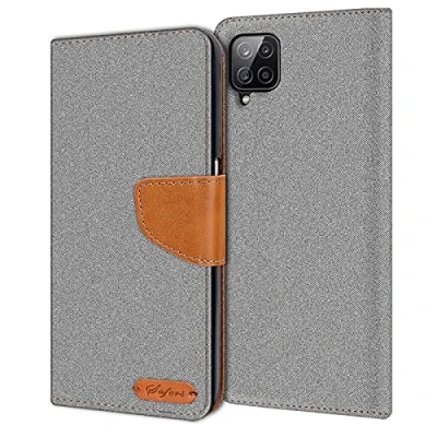 Abbildung von Verco kompatibel mit Samsung Galaxy A12 Hülle, M12 Schutzhülle für Tasche Denim Textil Book Case Flip Klapphülle, Grau