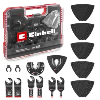 Abbildung von Original Einhell XL PLUS CASE 35 tlg. KFZ Multitool Set (BiM Tauchsägeblätter, BiM Halbrund Sägeblatt, Delta Trägerplatte, Schleifpapier für Metall, Dremel Adapter)