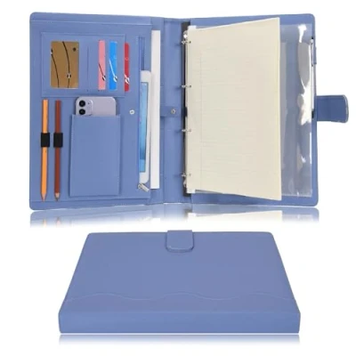 Abbildung von Wonderpool A4 PU Leder Ringhalter Schreibmappen Multi Dokumententasche mit Herausnehmbarem Binder Klemmbretter und funktioneller Tasche für Organizer Büro Reise Schule (Blau)