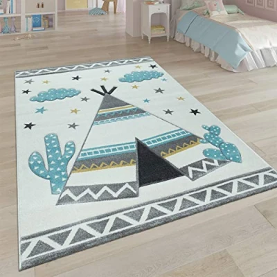 Abbildung von Paco Home Kinderteppich &quot;Ela 215&quot;, rechteckig, Kurzflor, 3D Design, Motiv Zelt, Wolken &amp; Sterne, Kinderzimmer