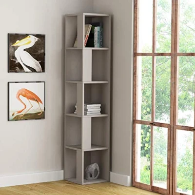 Abbildung von HOCUS PICUS Modern Piano Eck Bücherregal mit 5 Ebenen Platzsparendes Holzregal für Wohnzimmer, Büro und Schlafzimmer 31,4 x 158,9 cm Helles Moka