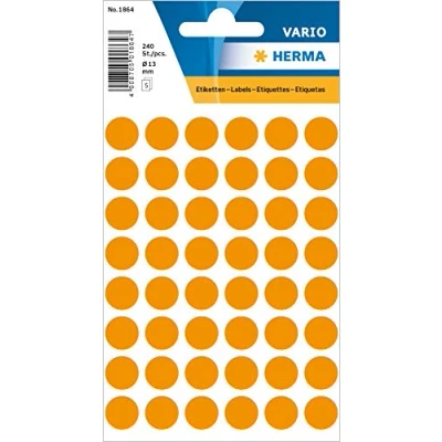 Abbildung von HERMA 1864 Punktaufkleber Klebepunkte leuchtorange, 240 Stück, Ø 13 mm, 48 pro Bogen, selbstklebend, Markierungspunkte für Kalender Planer Basteln, matt, blanko Papier Farbpunkte Etiketten Aufkleber