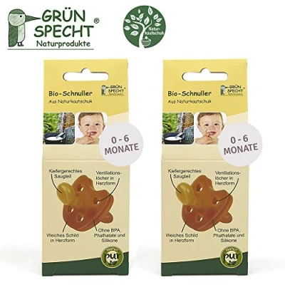 Abbildung von Gruenspecht Bio Schnuller aus Naturkautschuk 0 6 Monate // 2er Set, weiche Schild in Herzform, Kieferorthopädische Form