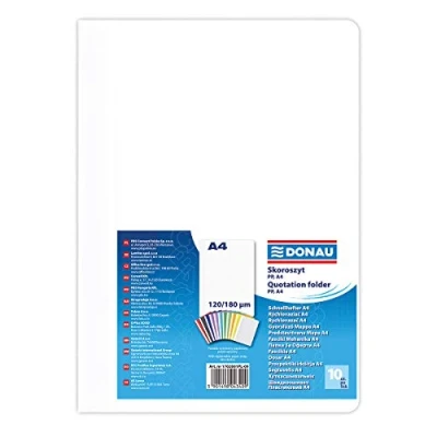 Abbildung von DONAU 1702001PL 09 Plastik Schnellhefter A4 Weiß/ Sichthefter Kunststoff aus öko PP Folie 120/180 µm/ mit transparentem Deckel, für Büro und Schule/ Fassungsvermögen ca. 200 Blatt 10er Pack