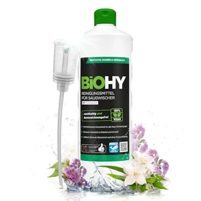 Abbildung von BiOHY Reinigungsmittel für Saugwischer mit Frühlingsduft (1l Flasche) + Dosierer 1:200 Konzentrat alle Nass Trockensauger ideal Fliesen, PVC, Parkett, Laminat &amp; Teppich streifenfrei