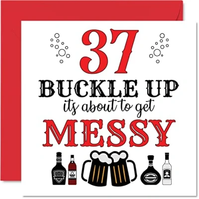 Abbildung von Stuff4 Lustige Geburtstagskarte zum 37. Geburtstag für Männer und Frauen Buckle Up Happy Birthday Karte Vater, Mutter, Sohn, Tochter, Bruder, Schwester, Onkel, Tante, Cousin, 145 mm x
