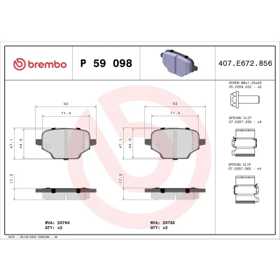 Abbildung von BREMBO P 59 098 Bremsbelagsatz exkl. Verschleißwarnkontakt mit Bremssattelschrauben Zubehör OPEL: Combo E Kasten / Kombi, Großraumlimousine