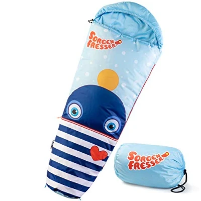Abbildung von Skandika Kinderschlafsack Sorgenfresser Ping, Mumienschlafsack für Kinder, Camping, Outdoor, Jungs, Mädchen, Komfortbereich 12 3 C, wasserabweisend, Mund Tasche