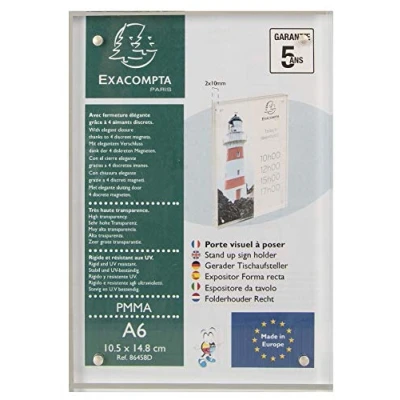 Abbildung von Exacompta 86458D Tischaufsteller mit Magnetverschluss DIN A6 Hochformat aus hochwertigem Acryl beidseitig verwendbar UV beständig Prospektschild Flyerhalter Tischschild Prospekthalter transparent