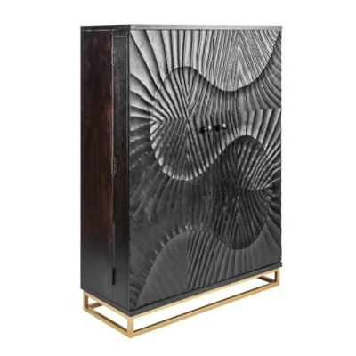 Abbildung von riess ambiente Barschrank SCORPION 140cm schwarz / gold (Einzelartikel, 1 St) Wohnzimmer · Massivholz Metall 3D Schnitzereien
