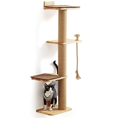 Abbildung von FUKUMARU Kratzbaum für Katzen, Wandmontage, 127,7 cm, Katzenbaum mit Katzenbett, Kratzpfosten und Kratzmatte aus Jute, Katzenkratzbaum natürlichem massivem Gummibaumholz, groß