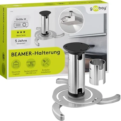 Abbildung von Goobay BeamerFlex Beamer Deckenhalterung für kleine bis mittlere Projektoren (bis zu 10 kg) beweglich um 15 neigbar und 360 schwenkbar Höhenverstellung einfache Installation Silber 51905