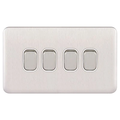 Abbildung von Schneider Electric, Lisse Screwless Deco GGBL1042WSS 4 Gang 2 Wege Lichtschalter, 10 AX, Edelstahl mit weißem Einsatz