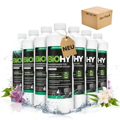 Abbildung von BiOHY Bodenreiniger Für Wischroboter Station mit Frühlingsduft (9 x 1 Liter) Reinigungsmittel Konzentrat alle Wisch &amp; Saugroboter Nass Funktion Schaumarm Streifenfrei Böden