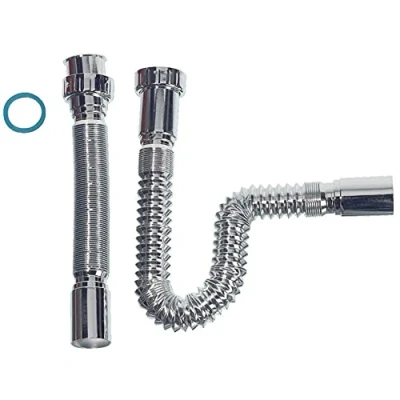Abbildung von Sanixa Siphon Universal Abflusssiphon flex 1 1/4&quot; Zoll auf 32 mm Chrom, (Abfluss Rohr Kunststoff), Küche Spüle Bad Waschbecken Ablauf flexibel