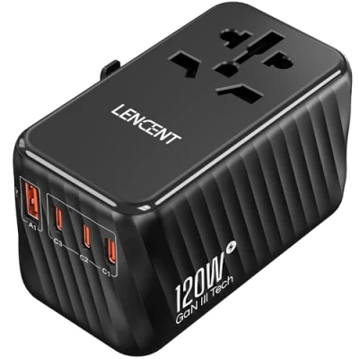 Abbildung von LENCENT Internationaler Reiseadapter, 120W GaN3 Universeller Adapter mit 3 PD3.0 Type C+1 QC USB A, Weltweit für Handys, All in One Reisestecker EU/USA/UK/AU Steckdosen, Schwarz
