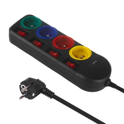 Abbildung von Maclean 4 Fach Steckdosenleiste Typ E mit 2X USB Anschlüssen (A und C) 5V/3.1A QC 2.0, C 18W PD Mehrfachsteckdose,Max. 2500 W 10A,1,5m Kabel (Schwarz/Mehrfarbig, Steckdosenleiste)