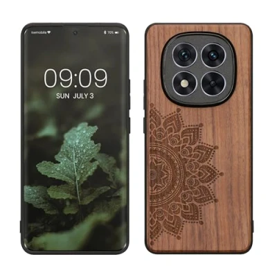 Abbildung von kwmobile Hülle kompatibel mit Xiaomi Redmi Note 14 Pro+ 5G / Pro Plus Holz Case Handy Cover TPU Handyhülle in Dunkelbraun Aufgehende Sonne