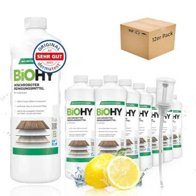 Abbildung von BiOHY Wischroboter Reinigungsmittel (12 x 1 Liter) + Dosierer Bodenreiniger Mittel für Holzböden Laminat &amp; Parkettpflege streifenfreier Glanz auf wasserfestem Holz schaumarmes Konzentrat