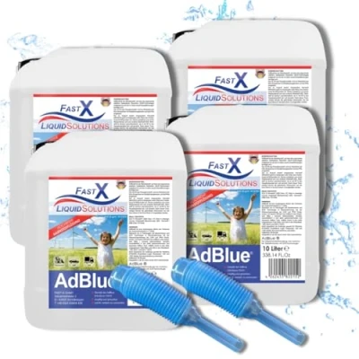 Abbildung von FASTX LIQUIDSOLUTIONS AdBlue 4x10 Liter (40Liter) Set inklusive Einfüllhilfe/Einfüllschlauch Hochreine SCR Harnstoff, Harnstofflösung für Diesel Fahrzeuge, Auto, PKW, LKW