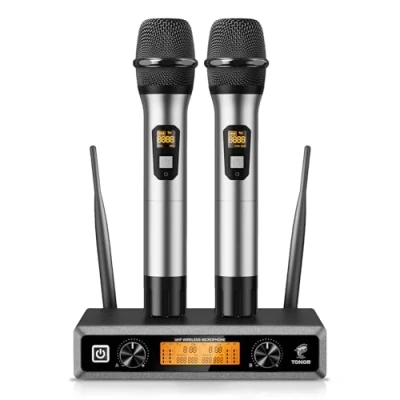 Abbildung von TONOR Wireless Funkmikrofon UHF Professionelles dynamisches drahtloses Dual Mikrofon, Handmikrofonsystem, Heim KTV Set für Karaoke, Party, DJ, Kirche, Hochzeit, Meeting, 60 Meter, TW820, Grau