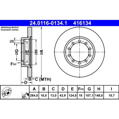 Abbildung von ATE 24.0116 0134.1 Bremsscheibe 284,0 16,0 10 124,0 voll beschichtet FORD: Transit Mk6 Pritsche/Fahrgestell, Kastenwagen, Bus