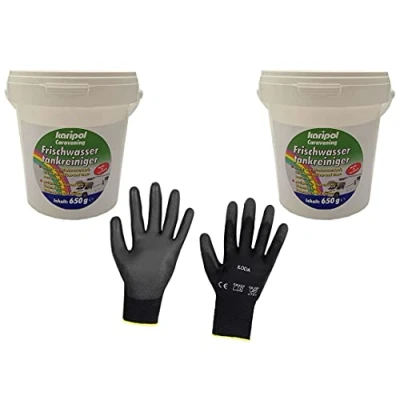Abbildung von ILODA 2x 650g karipol Frischwassertankreiniger Granulat + 1 Paar Schutzhandschuhe, Caravan Wassertankreiniger für Wohnmobile, Wohnwagen, Boote usw., Frischwasser, Desinfetkion