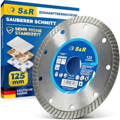 Abbildung von S&amp;R Diamanttrennscheibe Fliesenscheibe, PREMIUM Clean Cut 125x22,23 mm, präzise Schnittkanten, Ø 125 für Fliesen, Feinsteinzeug, harter Keramik, Granit, Marmor