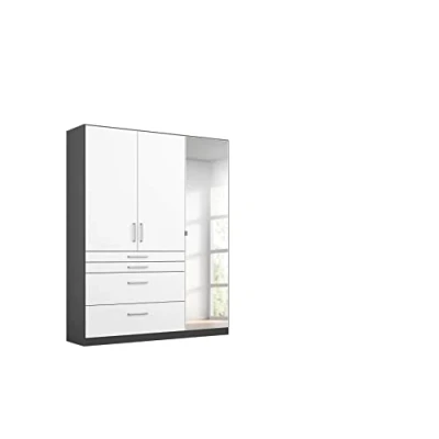 Abbildung von Rauch Möbel Harburg Schrank Kleiderschrank Drehtürenschrank Weiß/Graumetallic 3 türig mit Spiegel und 4 Schubladen inklusive Zubehörpaket Basic Einlegeböden, 1 Kleiderstange BxHxT 136x197x54 cm