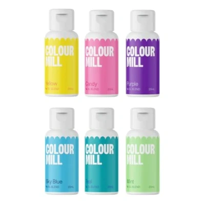 Abbildung von Colour Mill Oil Blend Pool Party Lebensmittelfarben auf Ölbasis Lebensmittelfarben: Lemon, Candy, Purple, Mint, Teal, Sky Blue Food Coloring für Tortendeko Set/6
