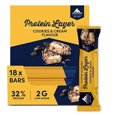 Abbildung von Multipower Protein Layer Bar Energieriegel mit 32 % Fitnessriegel 18 x 50 g Proteinriegel als Sport Snack Eiweißriegel Cookies and Cream Geschmack kalorienarmer