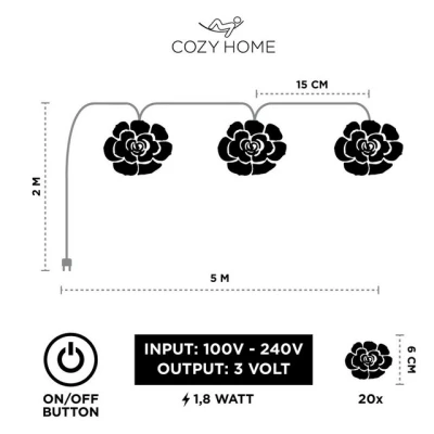 Abbildung von COZY HOME LED Lichterkette Rosen Batterie &amp; Stecker , 5 Meter 20 Blumen Warmweiß I Timerfunktion Innenanwendung