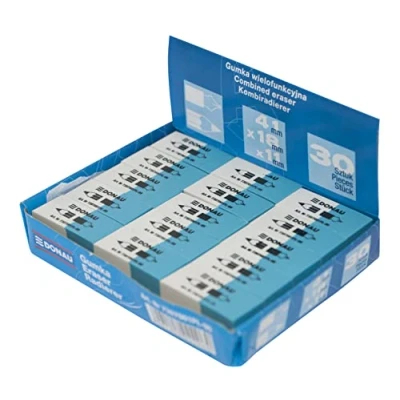 Abbildung von DONAU 7307001PL 99 Radiergummi / 30 Stück/Farbe: Weiße/Blau/Radierer für Bleistifte und Kugelschreiber/aus Hochwertigem Kautschuk/Hergestellt Beideseitig Verwendbar/ 41 x 18 11 mm