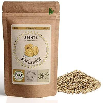 Abbildung von SPINTZ 500g Bio Koriander ganz Coriander Saat ganze Körner Samen vegan, organic, 100% natürlich und ohne Zusätze naturrein aus biologischem Anbau plastikfrei verpackt