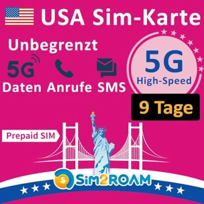 Abbildung von USA Prepaid SIM Karte Unbegrenzte 5G/4G LTE Hochgeschwindigkeits Internetdaten in den (einschließlich Hawaii) Anrufe und Textnachrichten (SMS) Wieder auffüllbar! (9 Tage)