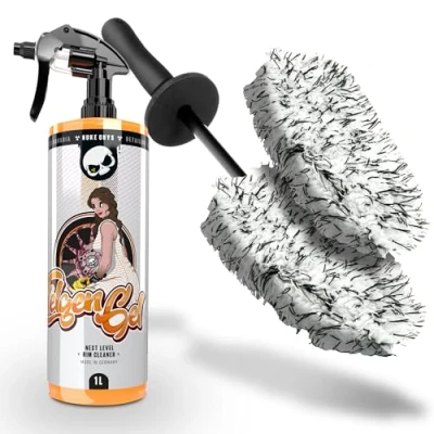 Abbildung von Nuke Guys Felgen Reinigungsset Felgenreiniger 1l mit Wirkindikator + Mikrofaser Felgenbürste Ersatzbezug Stark gegen Bremsstaub &amp; Flugrost Reinigung Set für Auto Motorrad