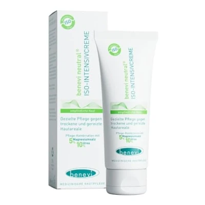 Abbildung von benevi ISO Intensivcreme 75 ml mit Magnesium und Urea für trockene juckende schuppende Haut auch als Basispflege bei Altershaut zu Neurodermitis oder Schuppenflechte neigender
