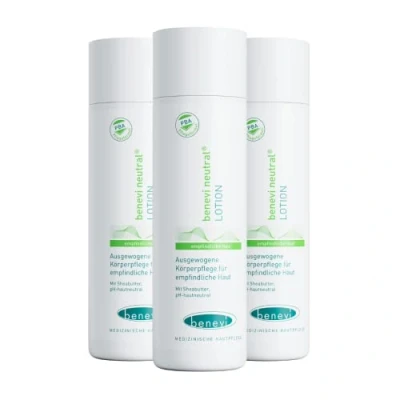 Abbildung von benevi neutral Lotion 200ml für empfindliche und zu Allergien neigende Haut die leichte pH hautneutrale Bodylotion pflegt mit wertvoller Sheabutter ist besonders hautverträglich