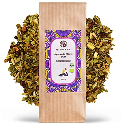 Abbildung von QIDOSHA® Kräutertee bio &quot;Ayurveda meets TCM&quot;, 100gr, lose mit Kurkuma, Moringa, Ingwer &amp; Ginseng, Tee Curcuma Ingwer, Moringa Tee, Ginseng Kurkuma und
