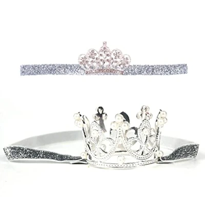 Abbildung von Nishine 2 Stück Baby Mädchen Krone Stirnband Prinzessin Diadem Kopfschmuck Set Kleinkind elastisches Stirnband(Silber)