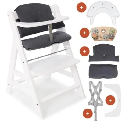 Abbildung von hauck Kinder Hochstuhl Alpha Plus inkl. Play Tray Basis, Spielaufsatz Repairing &amp; Sitzpolster Mitwachsender Babystuhl aus Holz, Kinderhochstuhl ab 6 Monate, verstellbar Weiß