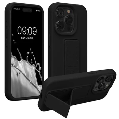 Abbildung von kwmobile Handyhülle kompatibel mit iPhone 15 Pro Max Hülle Fingerhalter und Standfunktion Silikon Case Handy Cover in Schwarz